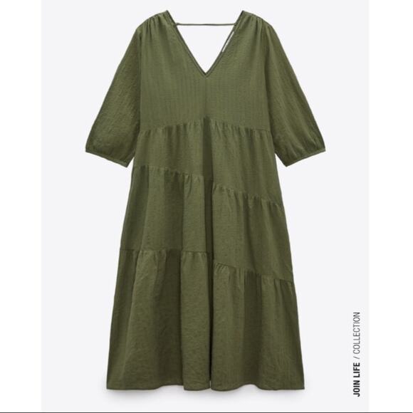Zara Green Tiered Textured Midi Dress - Picture 4 of 10